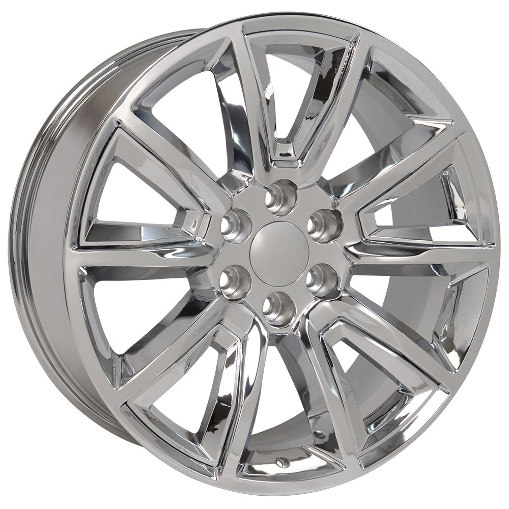 22" fits Chevrolet - Tahoe Replica Wheel - Chrome with Chrome Inserts 22x9 | Suncoast Wheels Chevy Silverado OEM rims, 20 inch OEM rims for Chevy Silverado, Chevrolet Silverado factory wheels, Chevrolet 20 inch factory wheels, 22 inch OEM Chevy Wheels