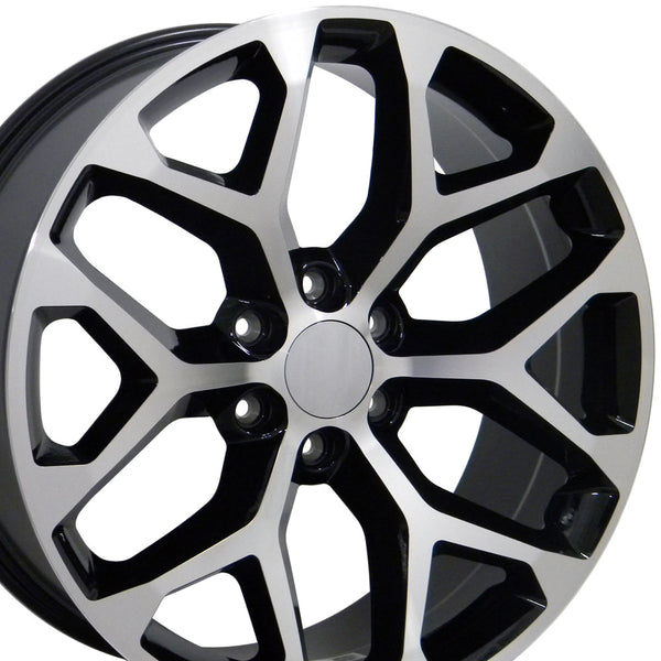 20" Fits GMC - Sierra Style Snowflake Replica Wheel - Black Mach'd Face 20x9 | Suncoast Wheels Chevy Silverado OEM rims, 20 inch OEM rims for Chevy Silverado, Chevrolet Silverado factory wheels, Chevrolet 20 inch factory wheels, 22 inch OEM Chevy Wheels