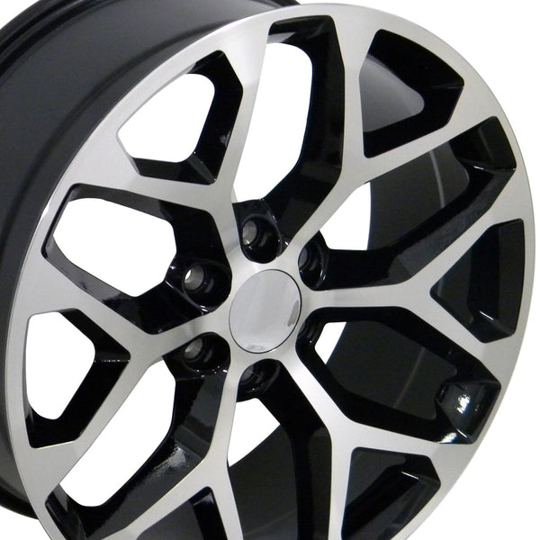 22" Fits GMC - Sierra Style Snowflake Replica Wheel - Black Mach'd Face 22x9 | Suncoast Wheels 22 inch OEM Chevy Wheels, factory Silverado 20 inch wheels, GMC replica wheels