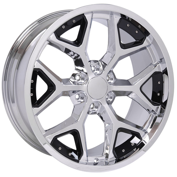 22" fits Chevrolet - Deep Dish Silverado Replica Wheel - Chrome with Black Inserts 22x9.5 | Suncoast Wheels Chevy Silverado OEM rims, 20 inch OEM rims for Chevy Silverado, Chevrolet Silverado factory wheels, Chevrolet 20 inch factory wheels, 22 inch OEM Chevy Wheels